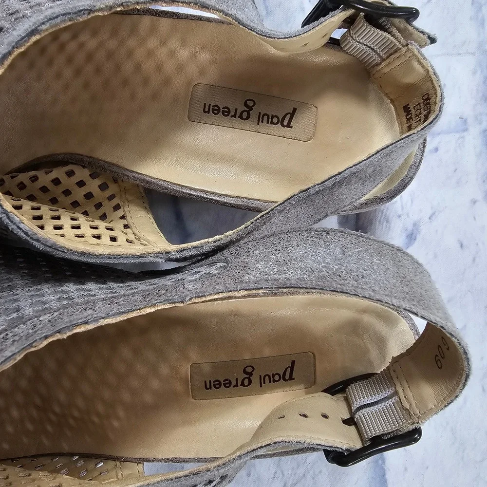Paul Green Lois Slingback Sandals Size 7.5 Silver Metallic Laser Cut Block Heel